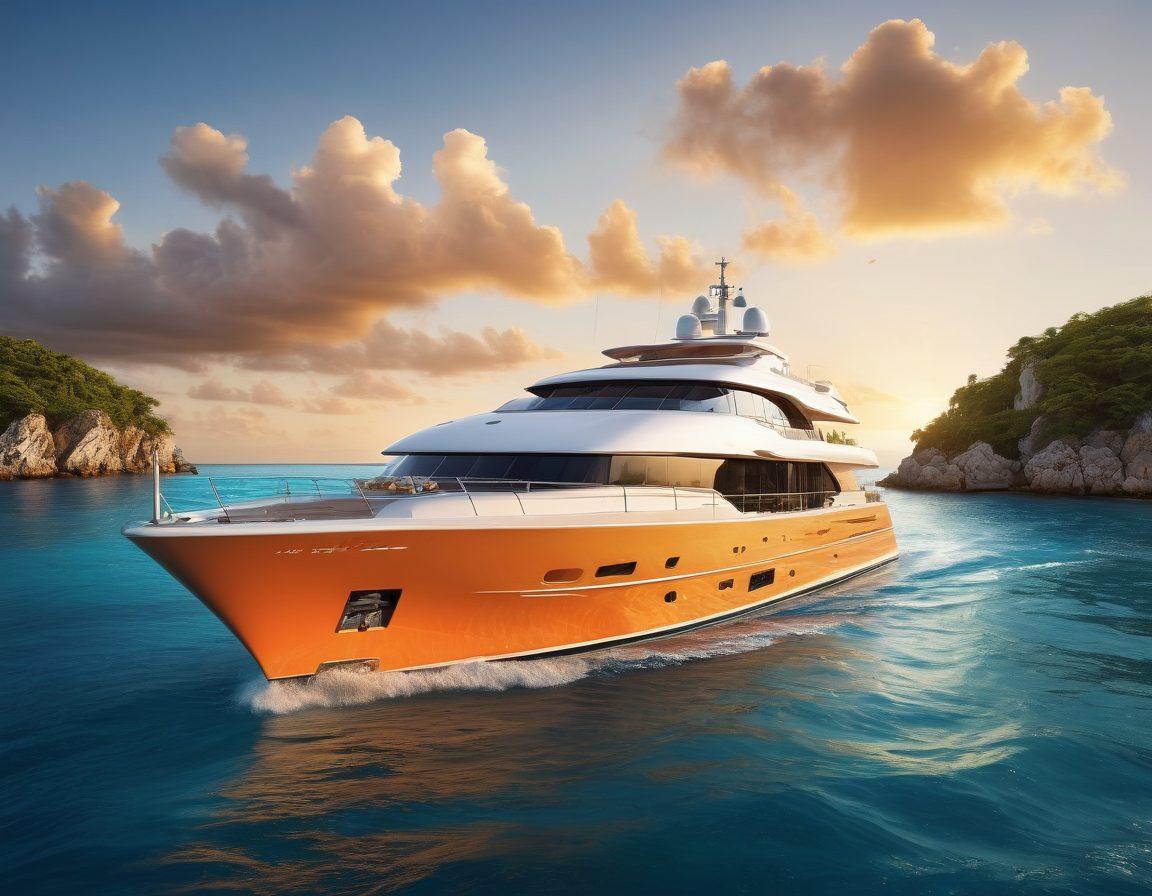 A serene yacht sailing across azure waters, surrounded by coral reefs and marine life, with illustrated icons depicting different types of marine insurance like hull coverage and liability. The sun setting in the background casts a warm golden light, highlighting the joy of yachting adventures. Convey a sense of adventure and security embraced by nature. vibrant colors. super-realistic.