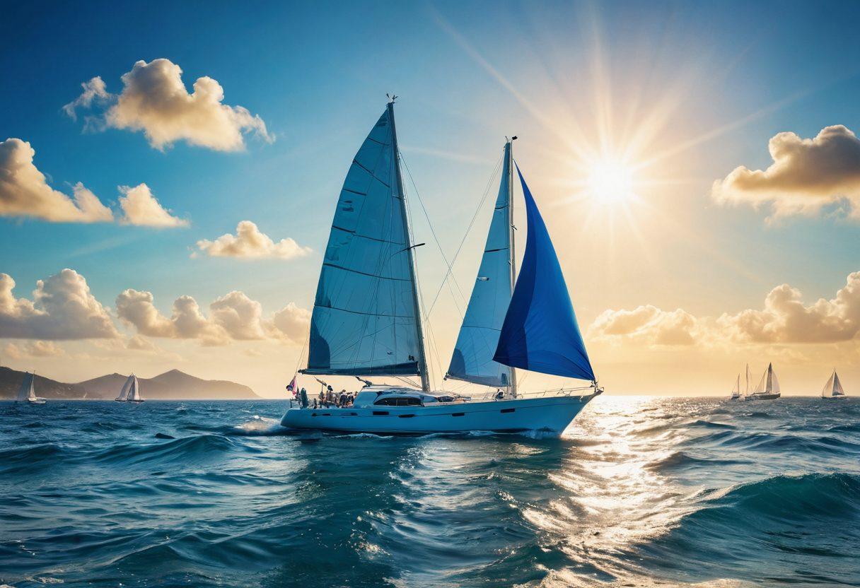A serene ocean scene depicting a sleek yacht sailing through vibrant blue waters, contrasted against a bright sunny sky. Include a textured map overlay featuring risk icons like insurance shields and waves, signifying safety and adventure. Add subtle elements like distant islands and sailing flags to enhance the adventurous spirit. Use a super-realistic style with vibrant colors to convey warmth and excitement.